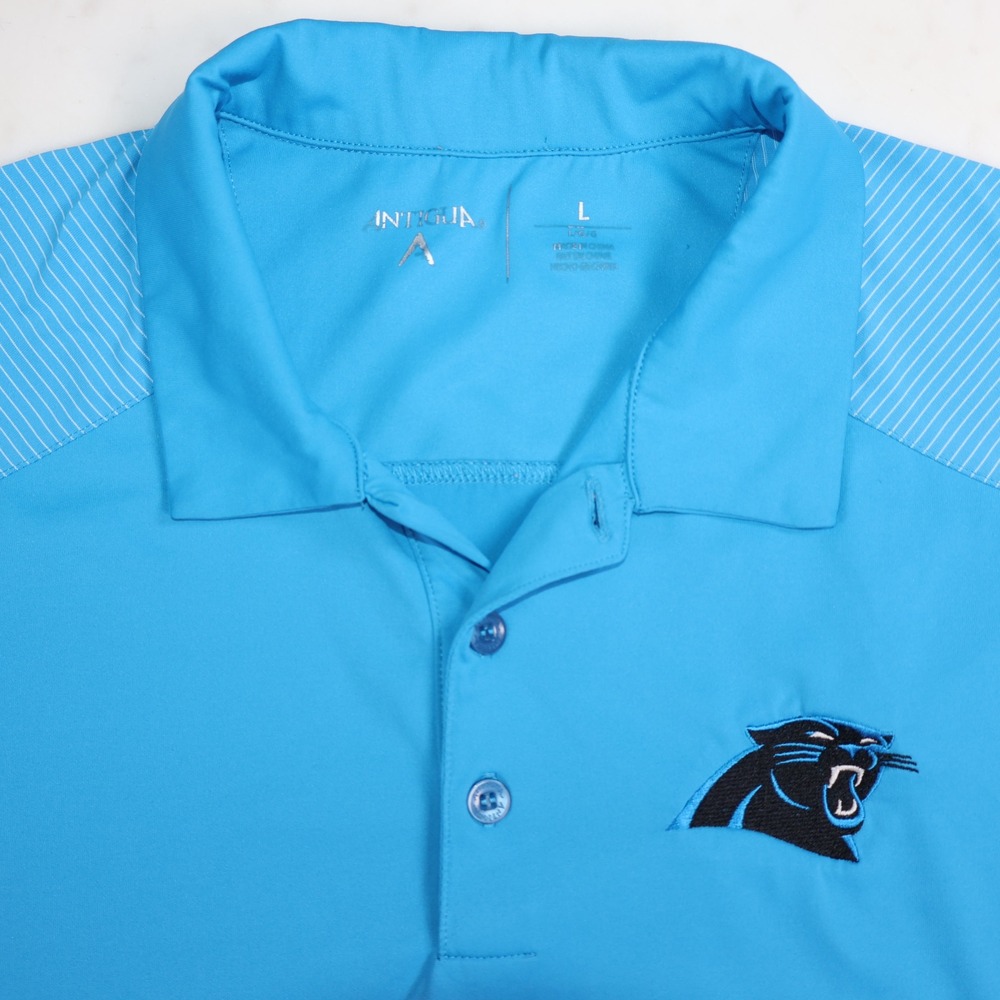 Antigua Carolina Panthers NFL Polo Shirt Mens Large Blue Pinstripe Short Sleeve